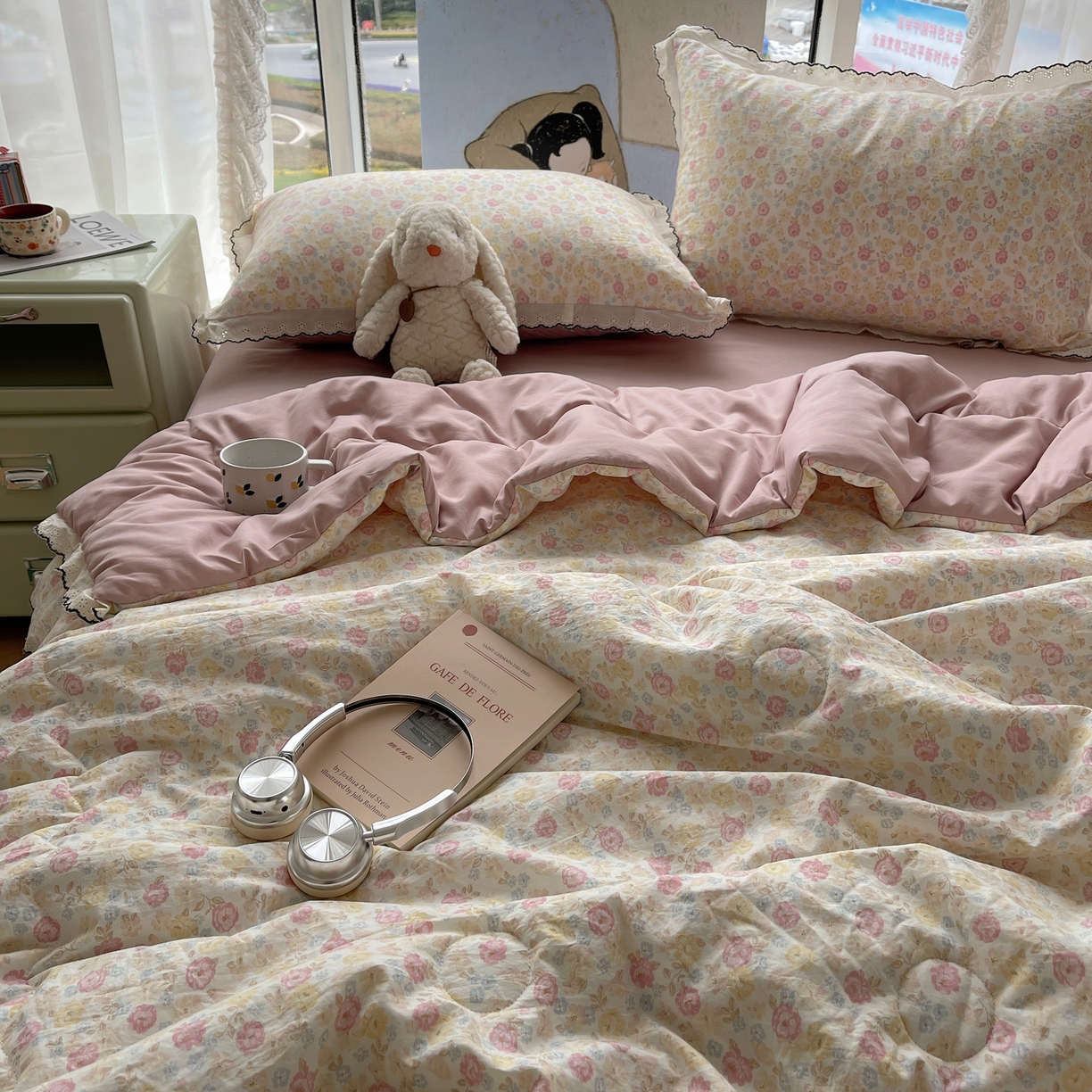 91家纺网 家纺一手货源 找家纺 宝士康家纺 2026新款10A抗菌全棉黑色花边云朵棉单夏被/夏被四件套 云朵棉-花团粉簇