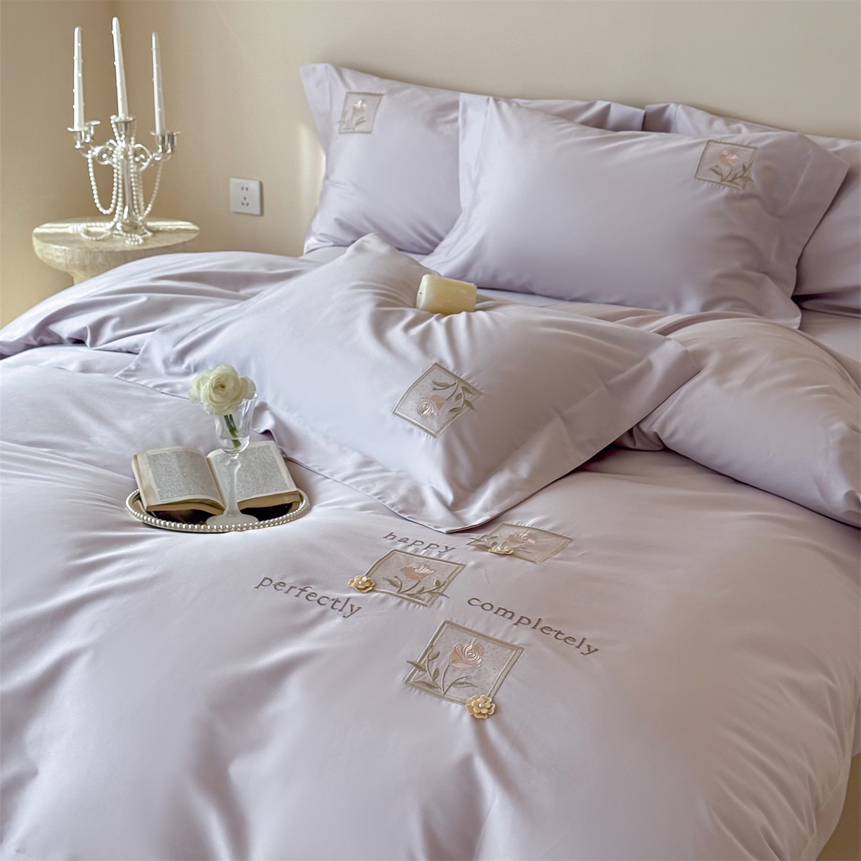 91家纺网 家纺一手货源 找家纺 泽西 2026新品刺绣50s双股全棉长绒棉宽边四件套-花栖 花栖-梦幻紫【控价358-378】