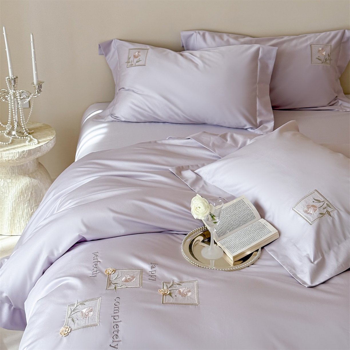 91家纺网 家纺一手货源 找家纺 泽西 2026新品刺绣50s双股全棉长绒棉宽边四件套-花栖 花栖-梦幻紫【控价358-378】