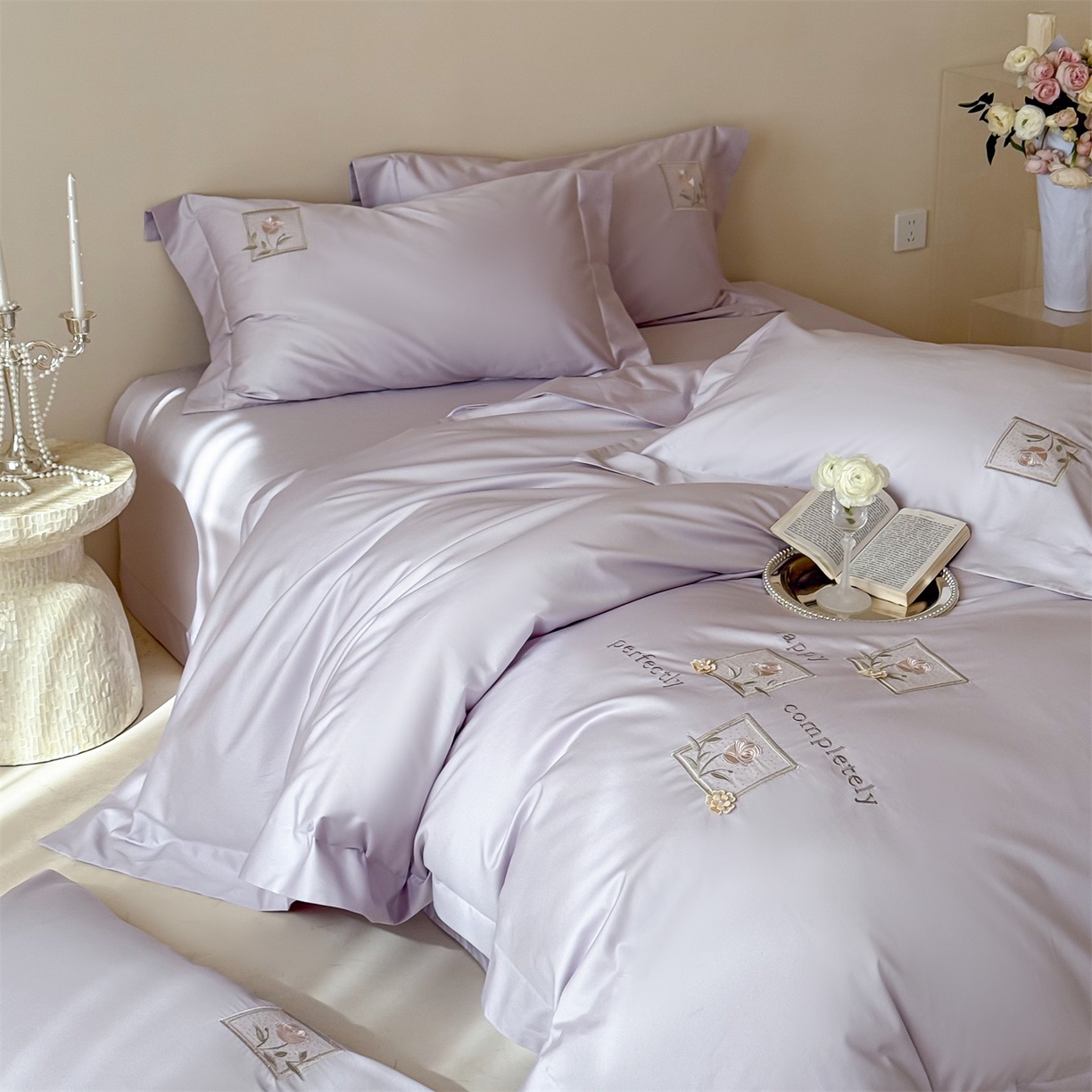 91家纺网 家纺一手货源 找家纺 泽西 2026新品刺绣50s双股全棉长绒棉宽边四件套-花栖 花栖-梦幻紫【控价358-378】