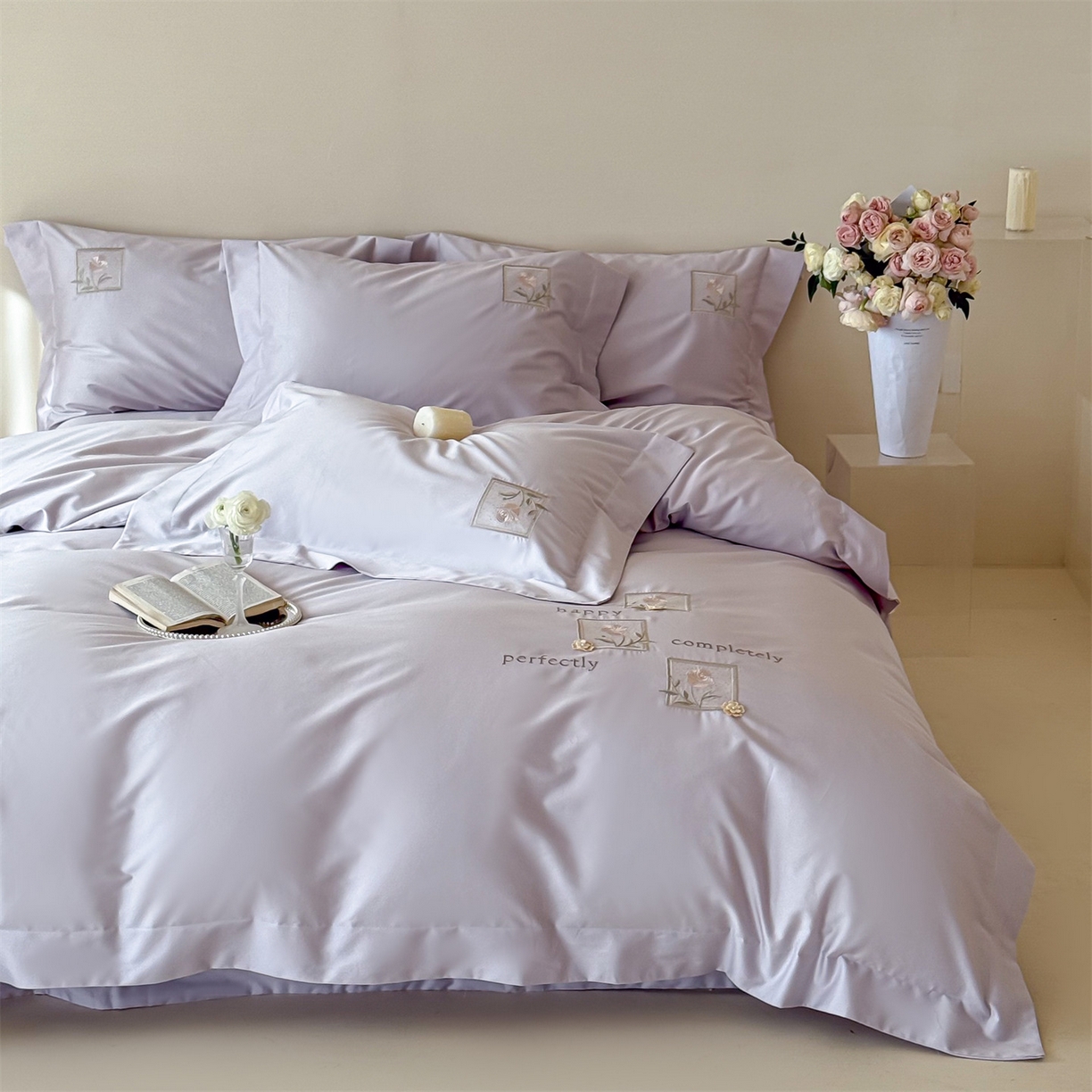 91家纺网 家纺一手货源 找家纺 泽西 2026新品刺绣50s双股全棉长绒棉宽边四件套-花栖 花栖-梦幻紫【控价358-378】