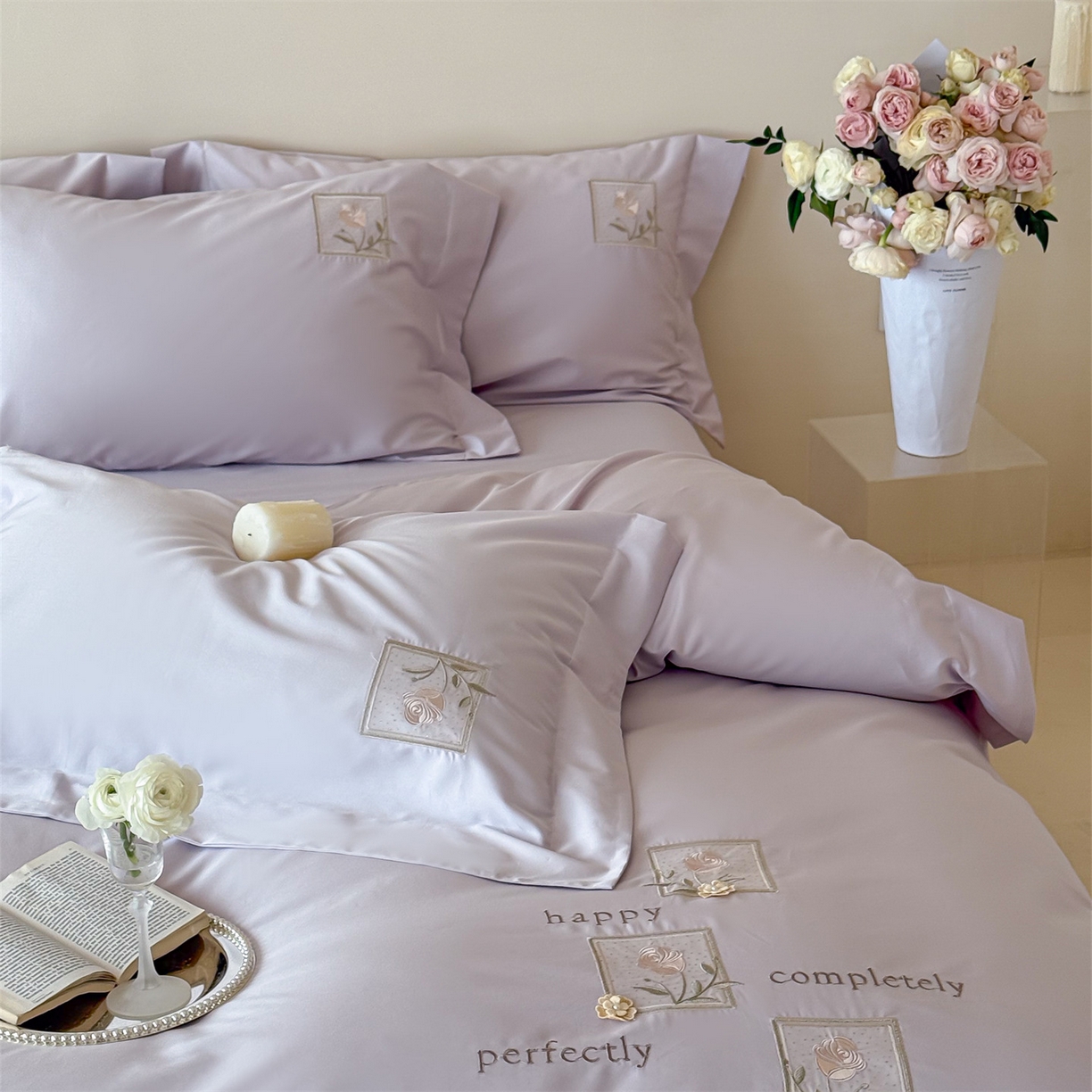 91家纺网 家纺一手货源 找家纺 泽西 2026新品刺绣50s双股全棉长绒棉宽边四件套-花栖 花栖-梦幻紫【控价358-378】