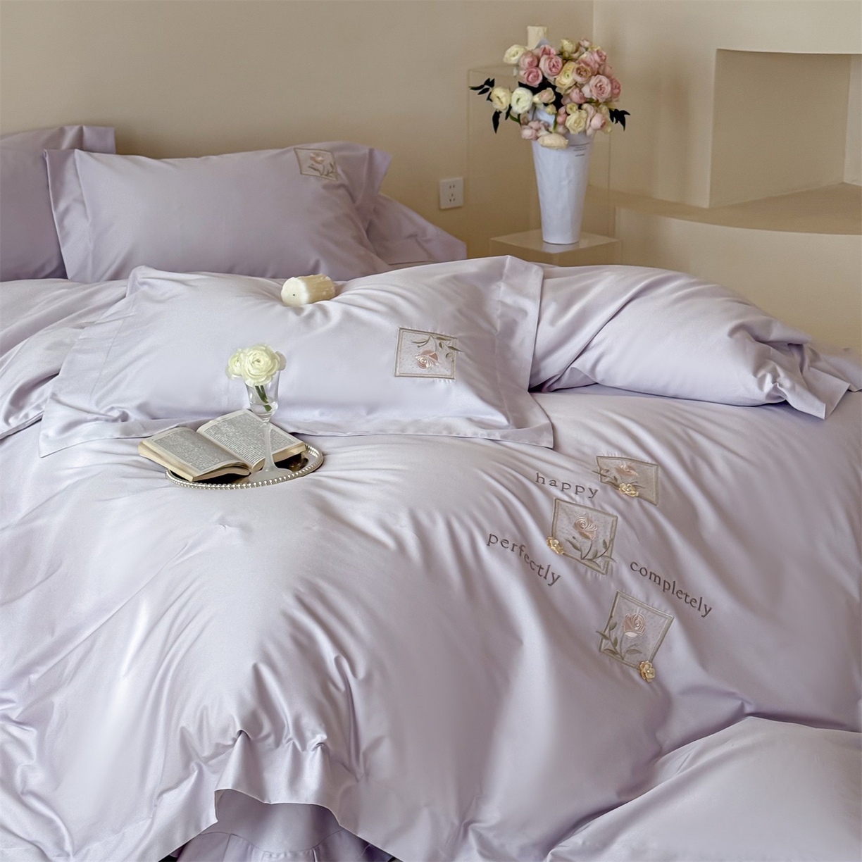 91家纺网 家纺一手货源 找家纺 泽西 2026新品刺绣50s双股全棉长绒棉宽边四件套-花栖 花栖-梦幻紫【控价358-378】