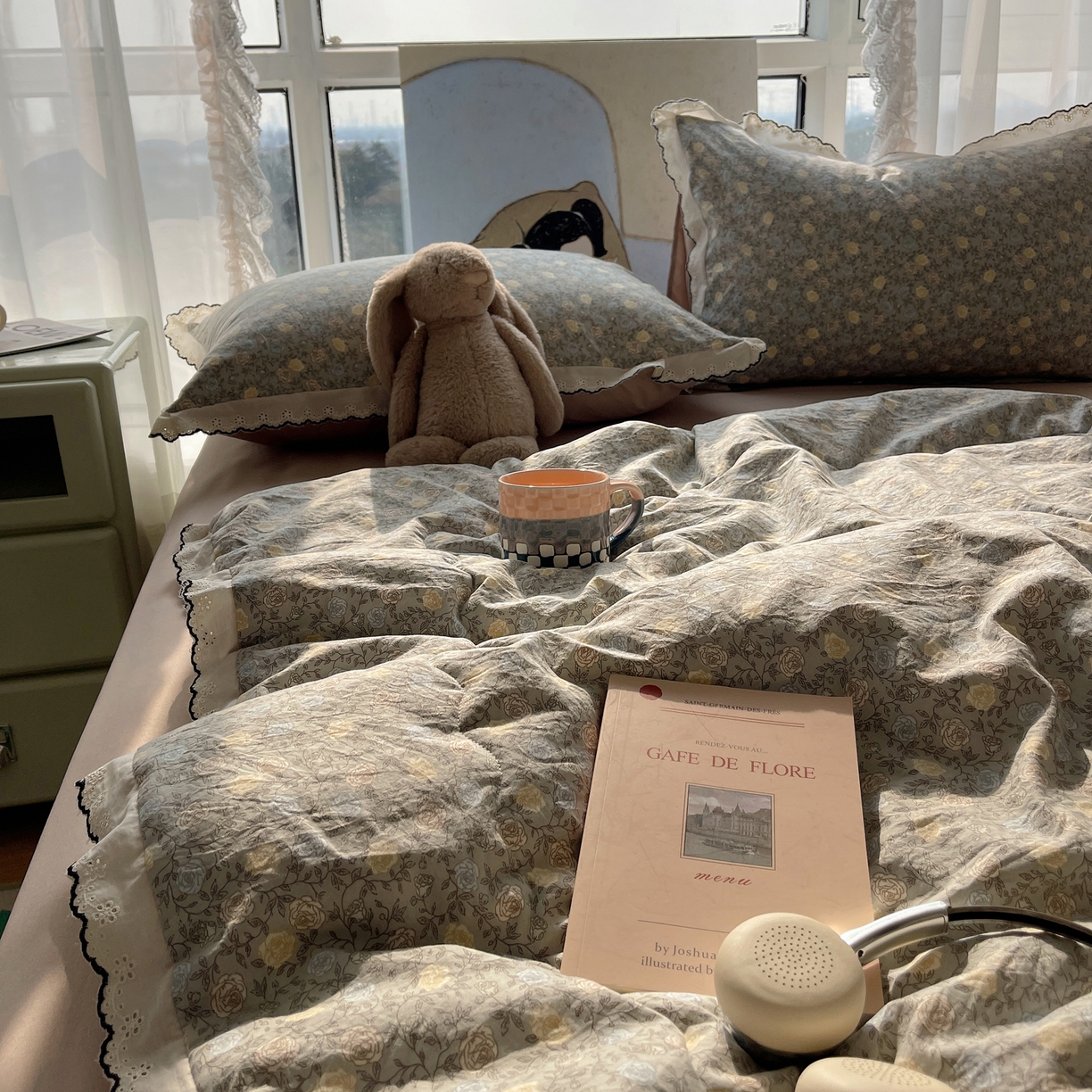 91家纺网 家纺一手货源 找家纺 宝士康家纺 2026新款10A抗菌全棉黑色花边云朵棉单夏被/夏被四件套 云朵棉-青黛花笺