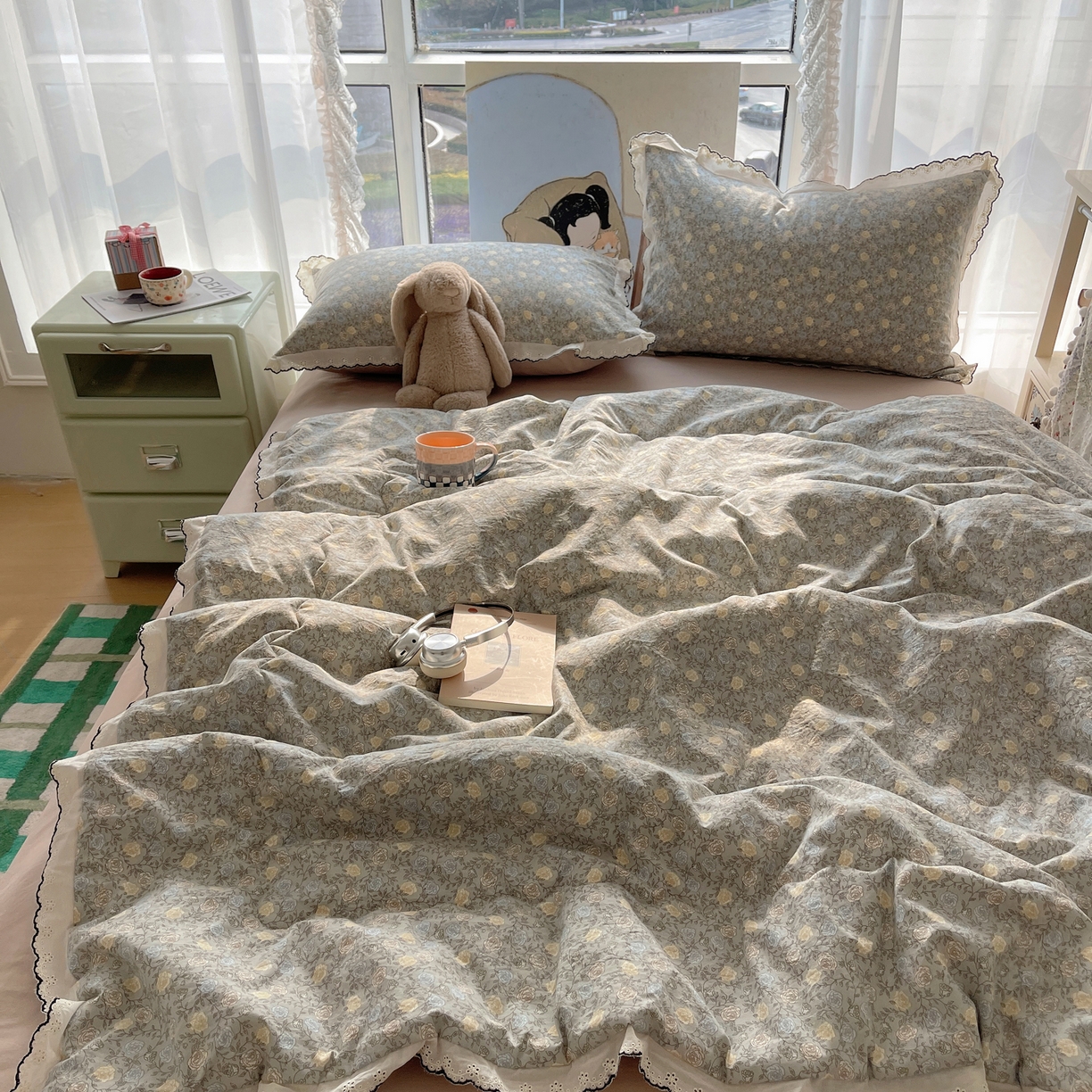 91家纺网 家纺一手货源 找家纺 宝士康家纺 2026新款10A抗菌全棉黑色花边云朵棉单夏被/夏被四件套 云朵棉-青黛花笺