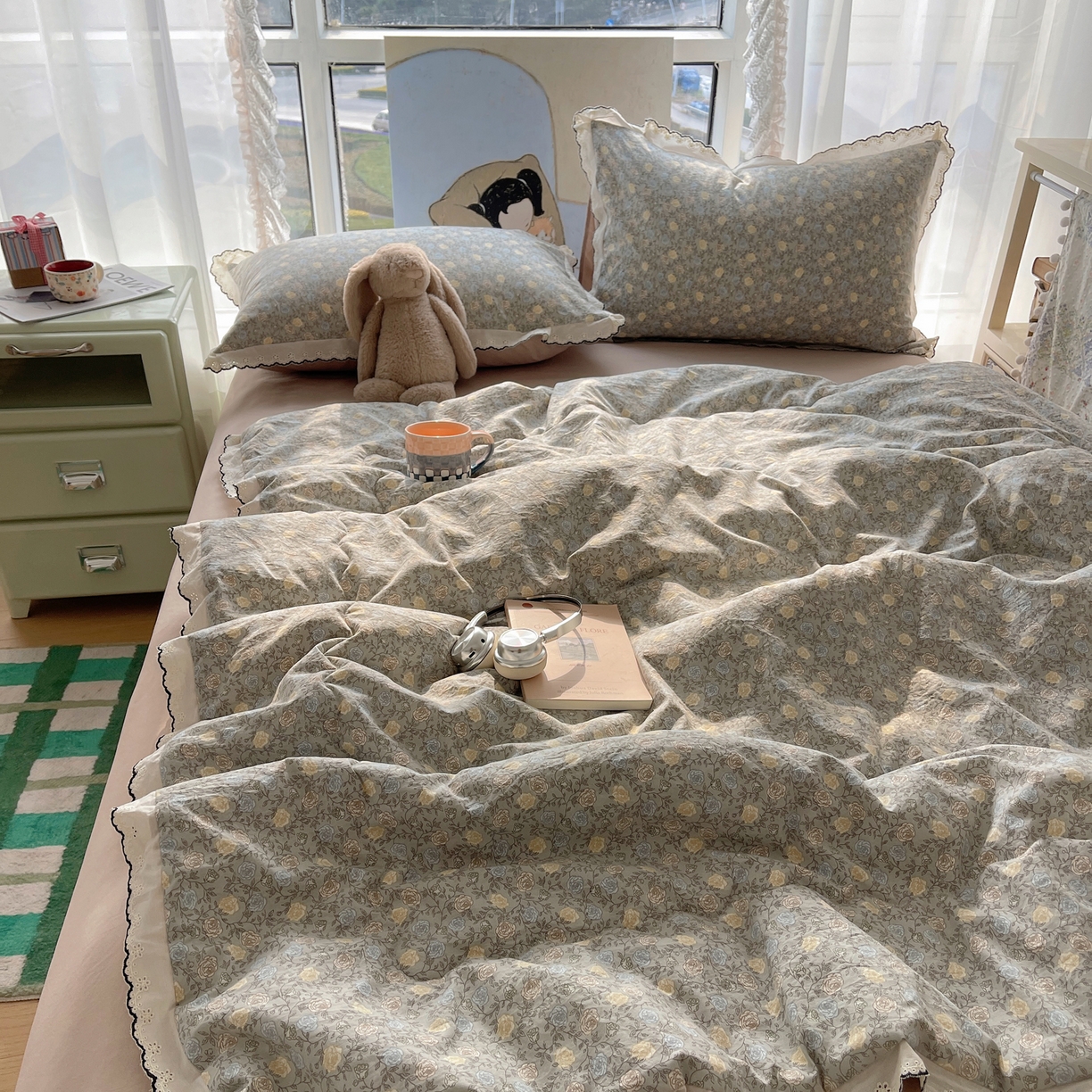 91家纺网 家纺一手货源 找家纺 宝士康家纺 2026新款10A抗菌全棉黑色花边云朵棉单夏被/夏被四件套 云朵棉-青黛花笺