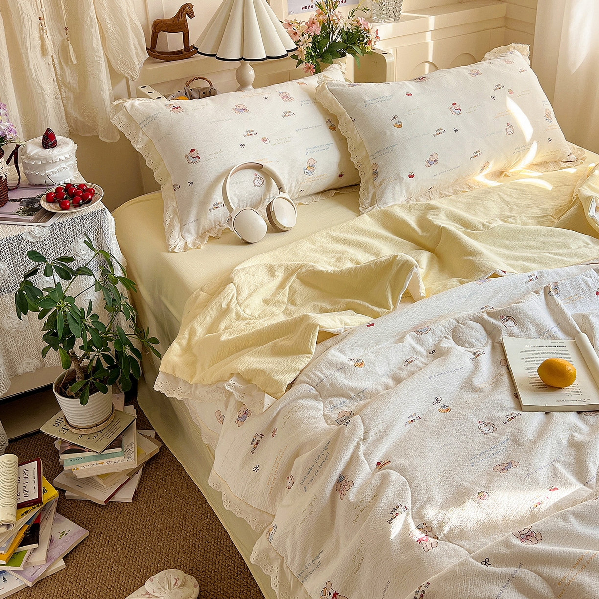 91家纺网 家纺一手货源 找家纺 （总）一比一家纺 2026新款彩色花边木棉皱皱纱夏被四件套