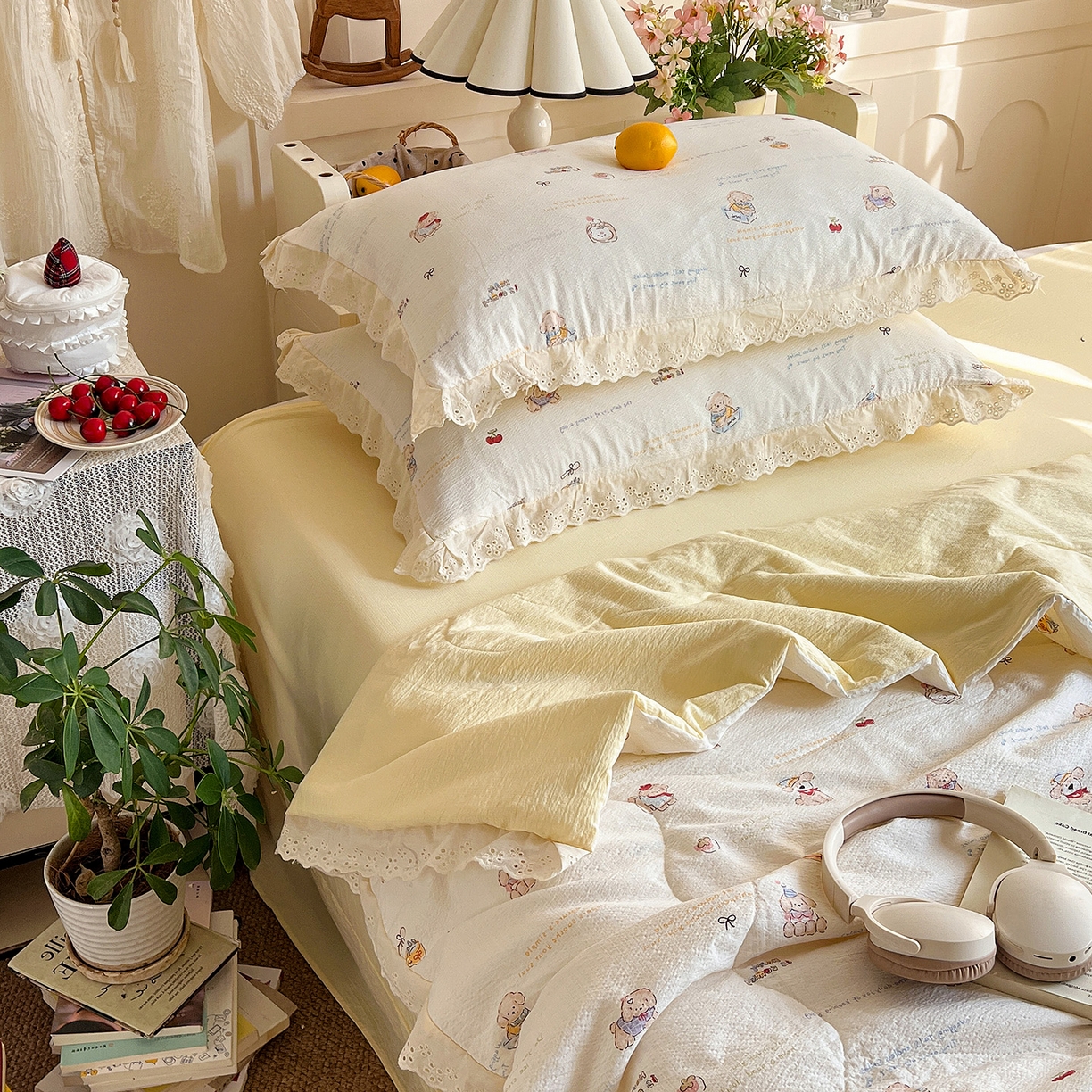 91家纺网 家纺一手货源 找家纺 （总）一比一家纺 2026新款彩色花边木棉皱皱纱夏被四件套