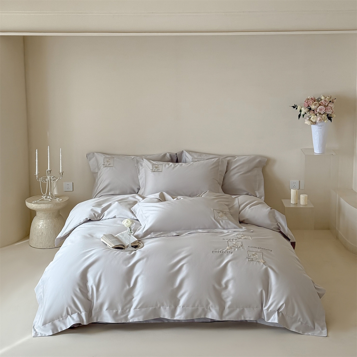 泽西 2026新品刺绣50s双股全棉长绒棉宽边四件套-花栖 花栖-浅妃灰【控价358-378】