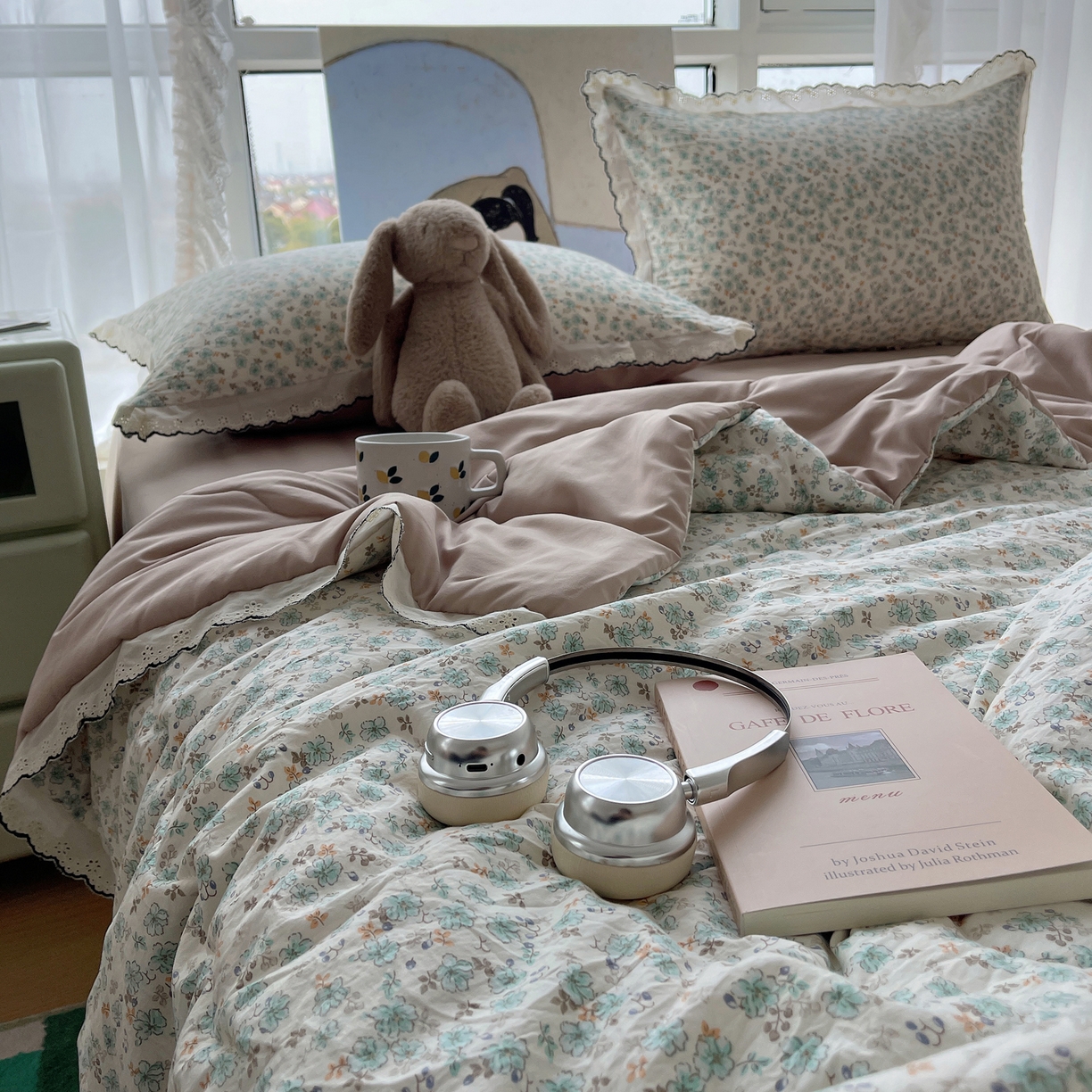 宝士康家纺 2026新款10A抗菌全棉黑色花边云朵棉单夏被/夏被四件套 云朵棉-青芜花野