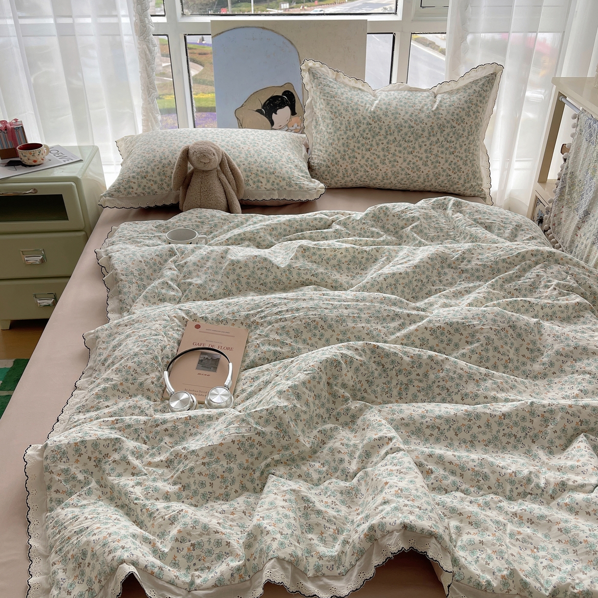 91家纺网 家纺一手货源 找家纺 宝士康家纺 2026新款10A抗菌全棉黑色花边云朵棉单夏被/夏被四件套 云朵棉-青芜花野