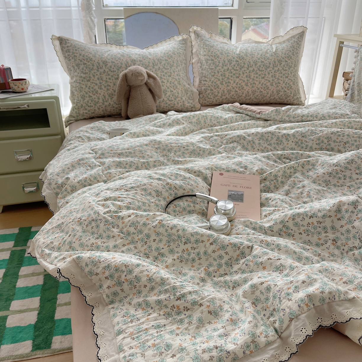 91家纺网 家纺一手货源 找家纺 宝士康家纺 2026新款10A抗菌全棉黑色花边云朵棉单夏被/夏被四件套 云朵棉-青芜花野