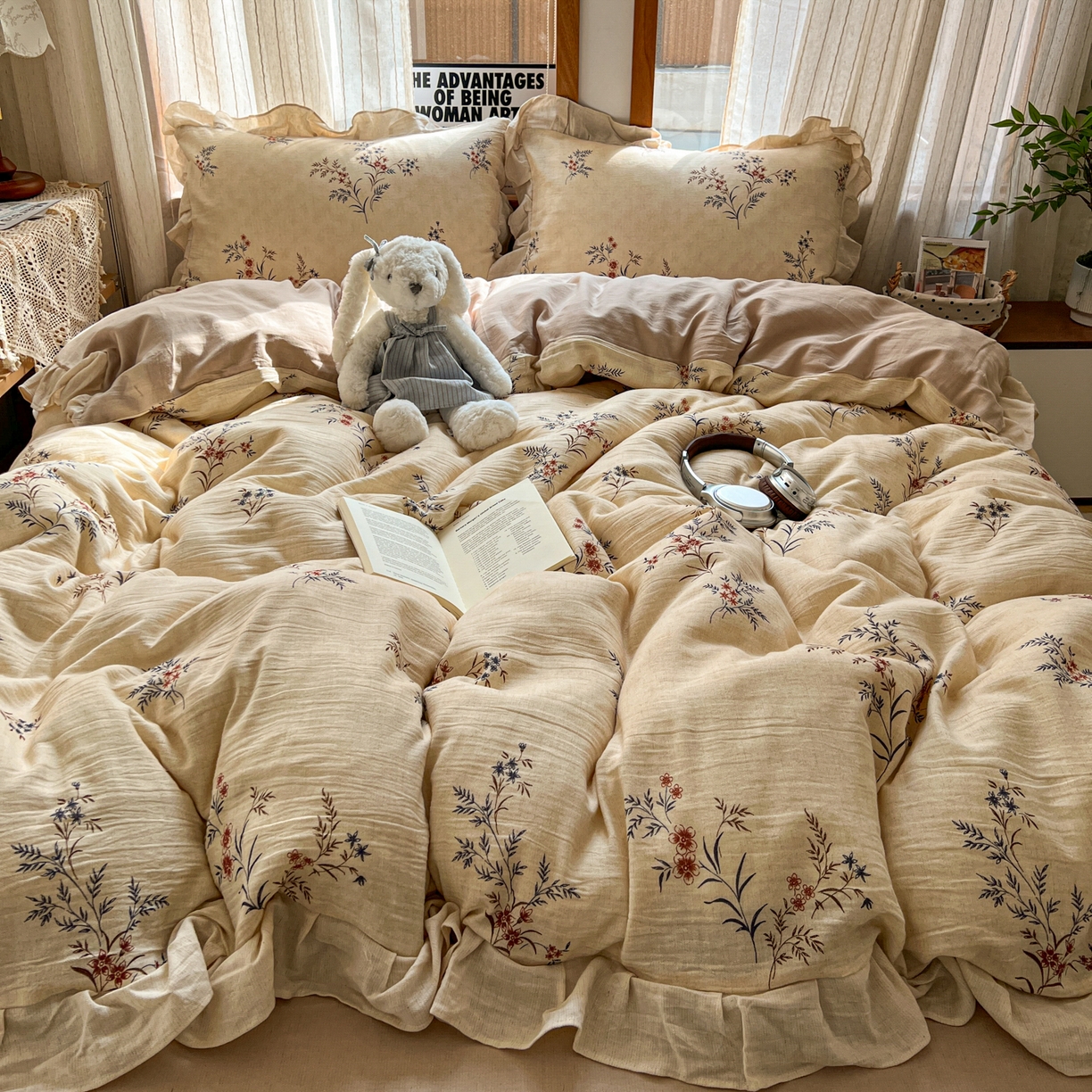 91家纺网 家纺一手货源 找家纺 （总）耀悦家纺 2026新款真棉麻四件套轻奢法式大花边工艺款圆角荷叶边吊边床单