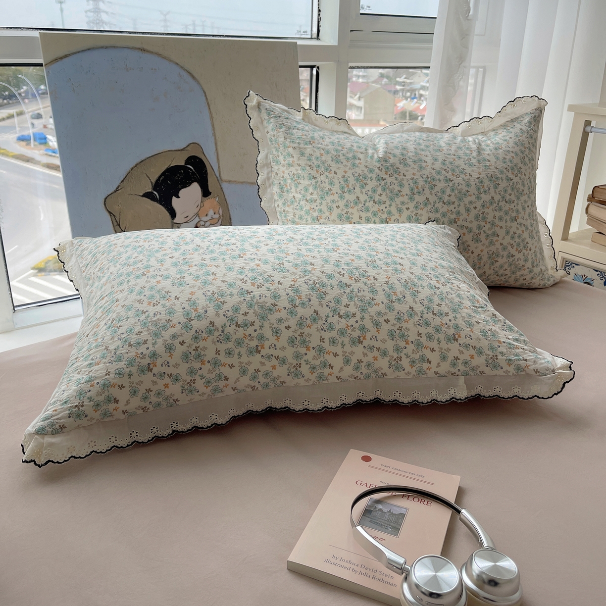 91家纺网 家纺一手货源 找家纺 宝士康家纺 2026新款10A抗菌全棉黑色花边云朵棉单夏被/夏被四件套 云朵棉-青芜花野