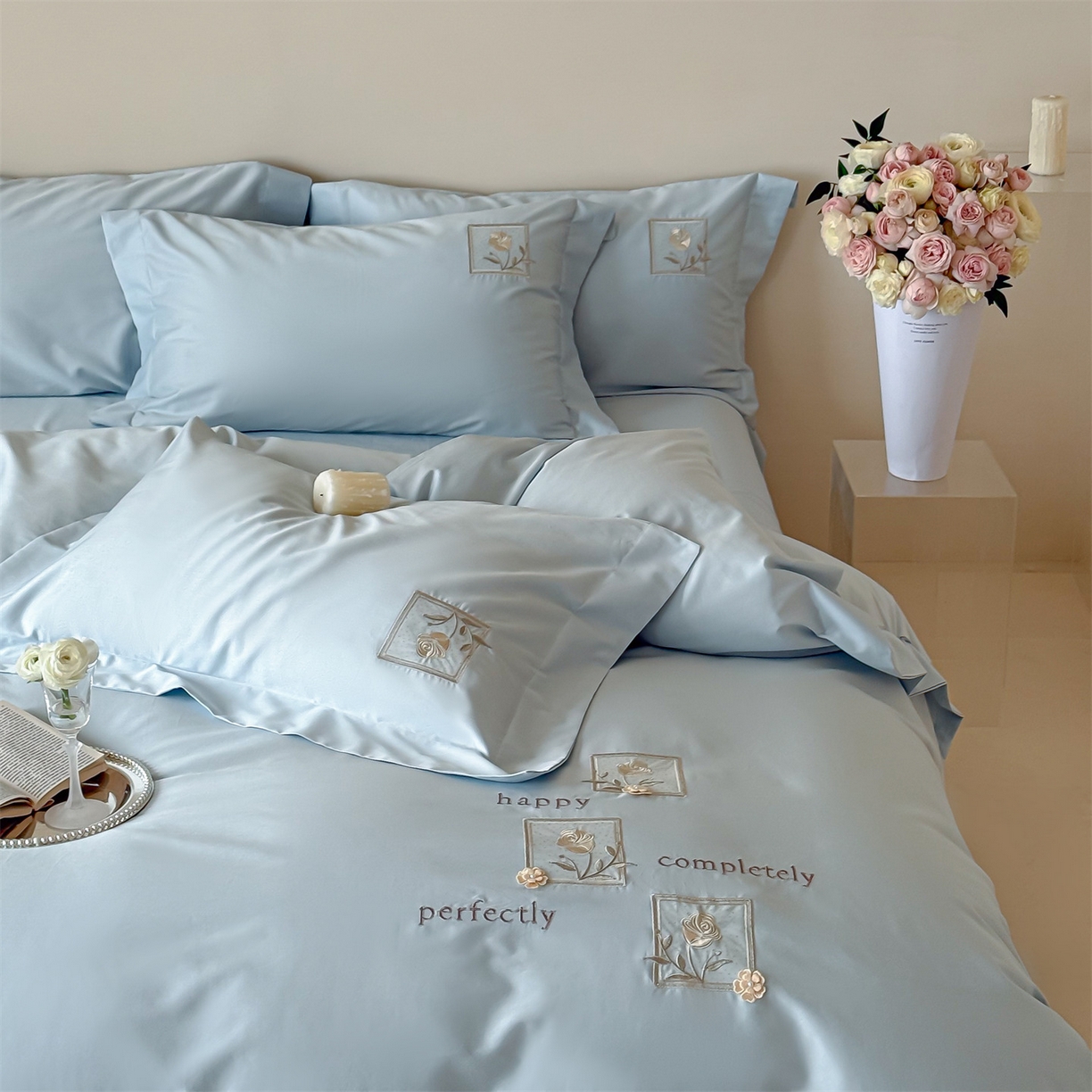 91家纺网 家纺一手货源 找家纺 泽西 2026新品刺绣50s双股全棉长绒棉宽边四件套-花栖 花栖-浅云蓝【控价358-378】
