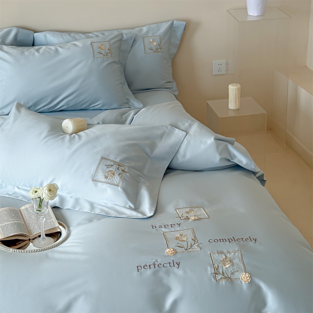 91家纺网 家纺一手货源 找家纺 泽西 2026新品刺绣50s双股全棉长绒棉宽边四件套-花栖 花栖-浅云蓝【控价358-378】