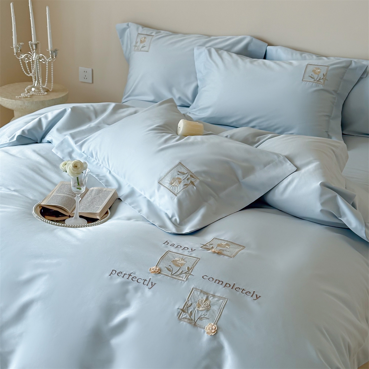 91家纺网 家纺一手货源 找家纺 泽西 2026新品刺绣50s双股全棉长绒棉宽边四件套-花栖 花栖-浅云蓝【控价358-378】