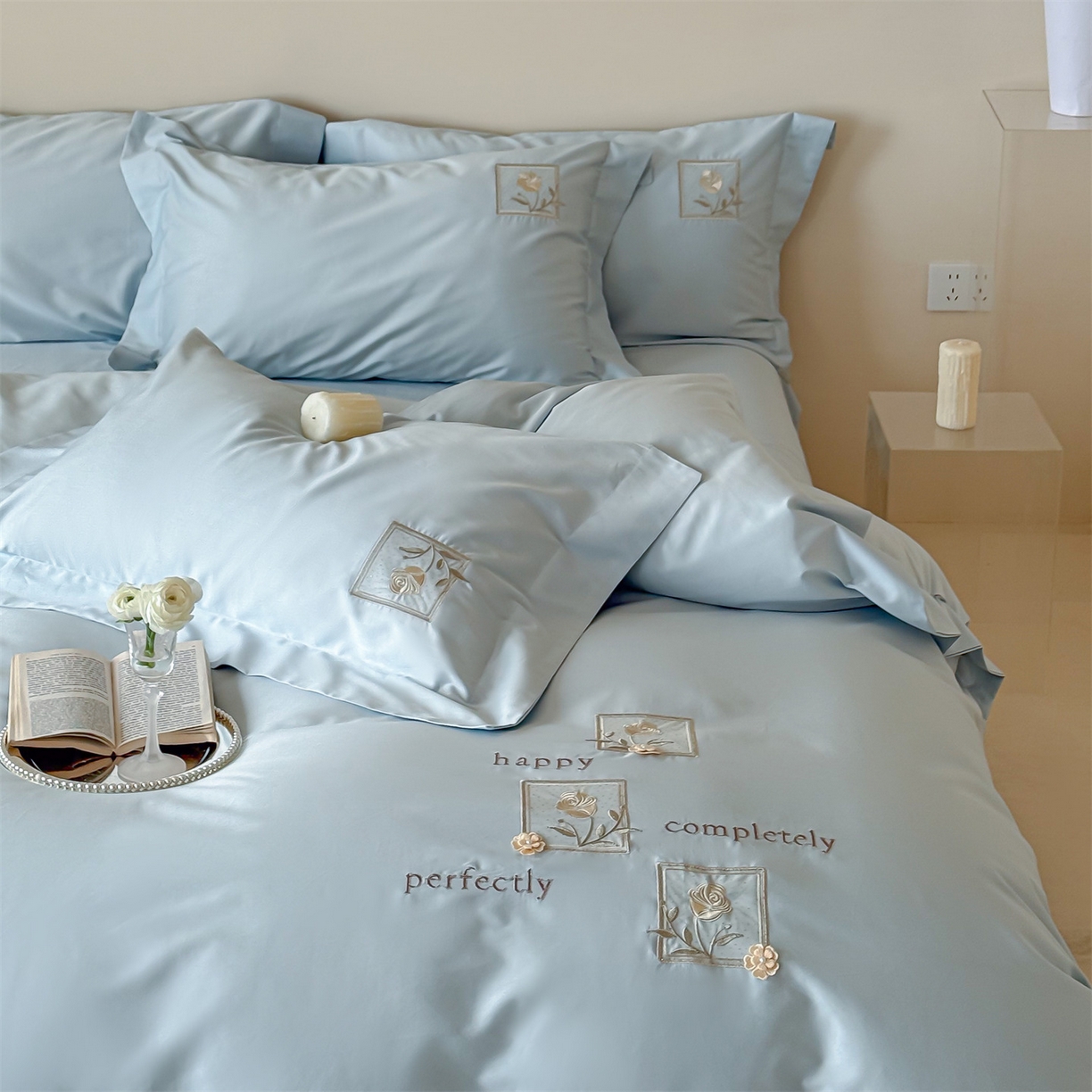 91家纺网 家纺一手货源 找家纺 泽西 2026新品刺绣50s双股全棉长绒棉宽边四件套-花栖 花栖-浅云蓝【控价358-378】