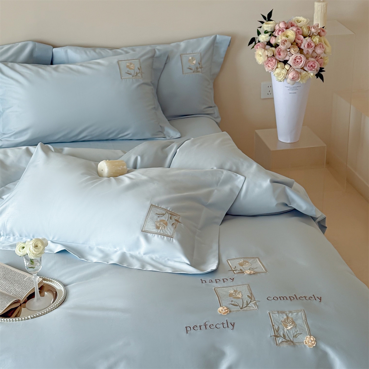 91家纺网 家纺一手货源 找家纺 泽西 2026新品刺绣50s双股全棉长绒棉宽边四件套-花栖 花栖-浅云蓝【控价358-378】