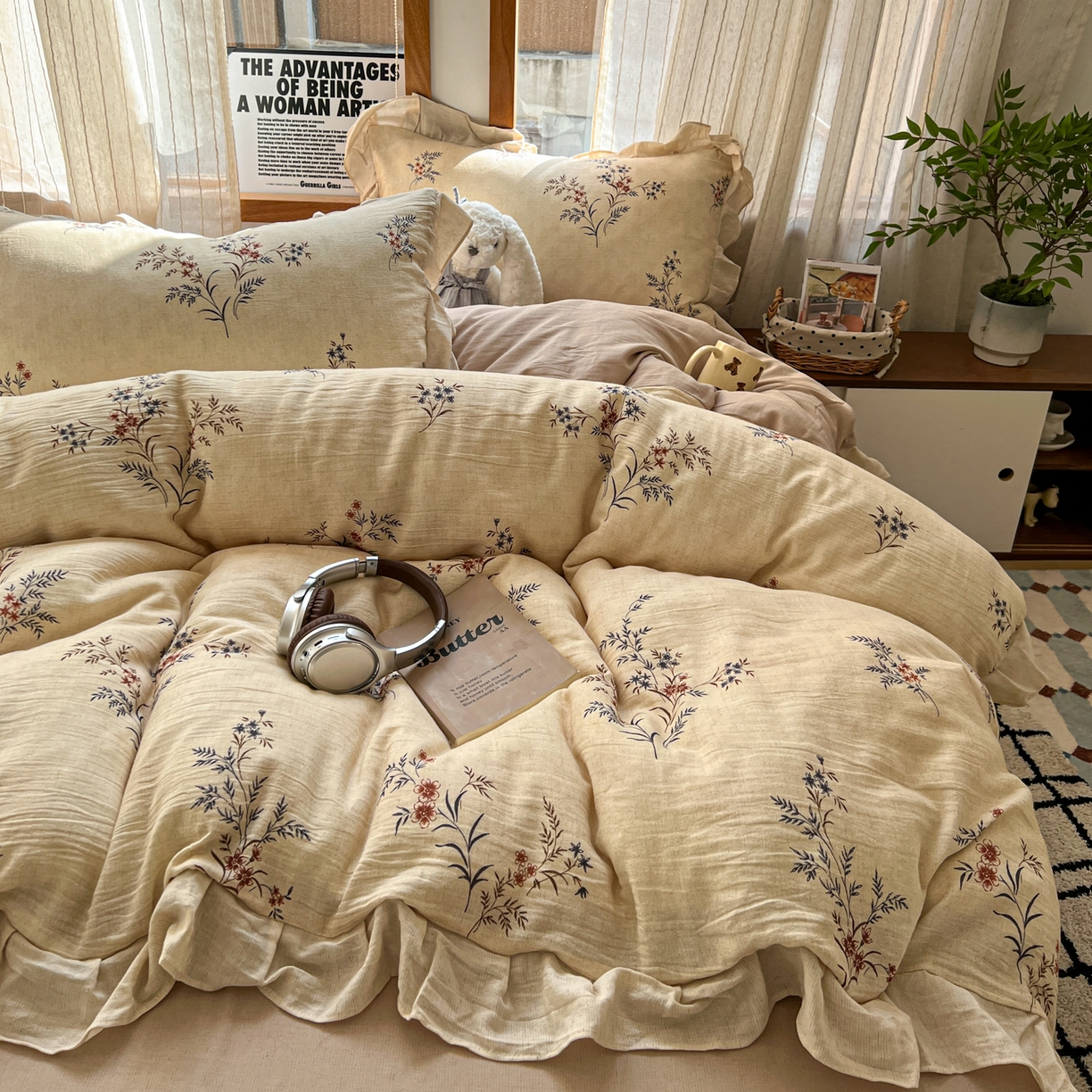 91家纺网 家纺一手货源 找家纺 （总）耀悦家纺 2026新款真棉麻四件套轻奢法式大花边工艺款圆角荷叶边吊边床单