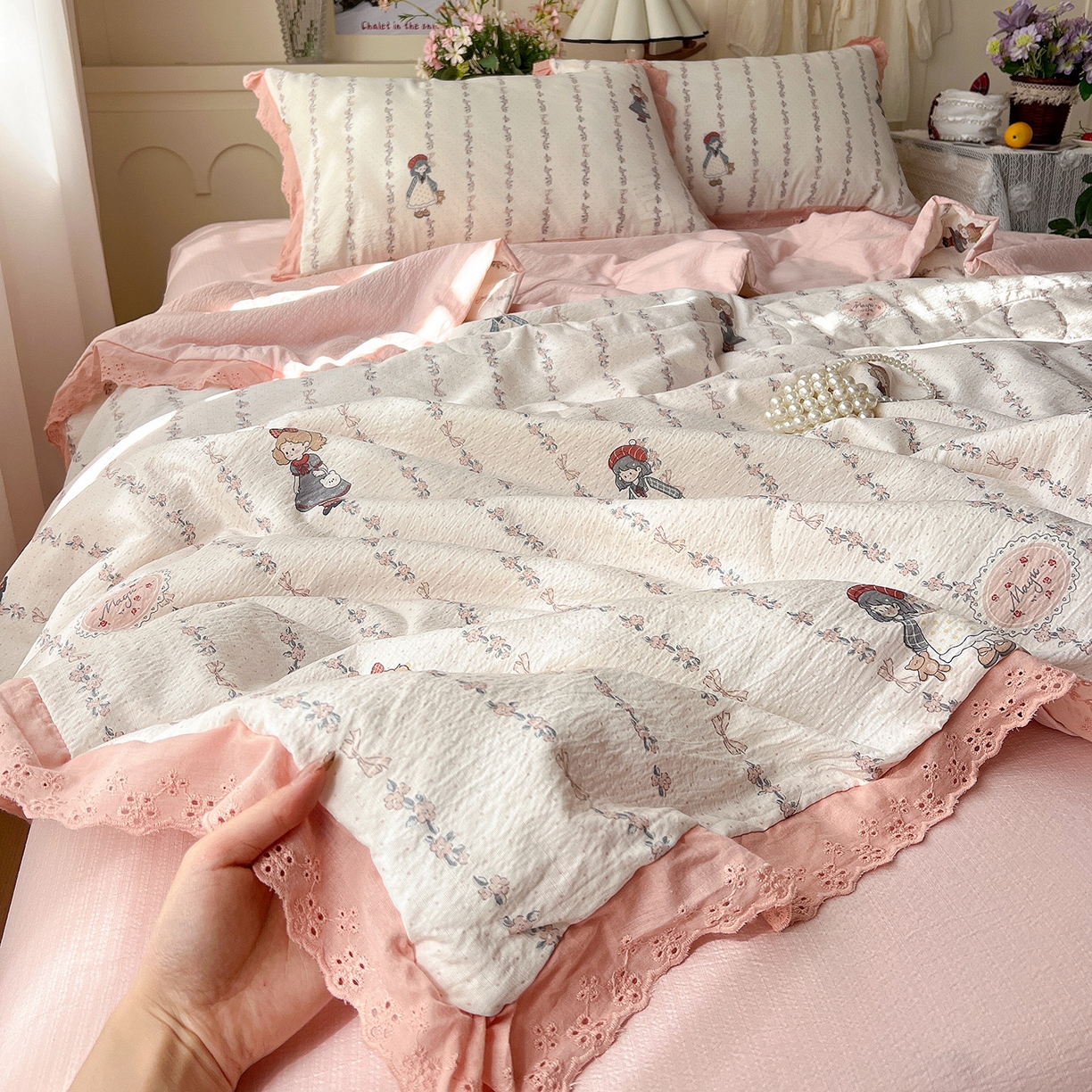 91家纺网 家纺一手货源 找家纺 （总）一比一家纺 2026新款彩色花边木棉皱皱纱夏被四件套