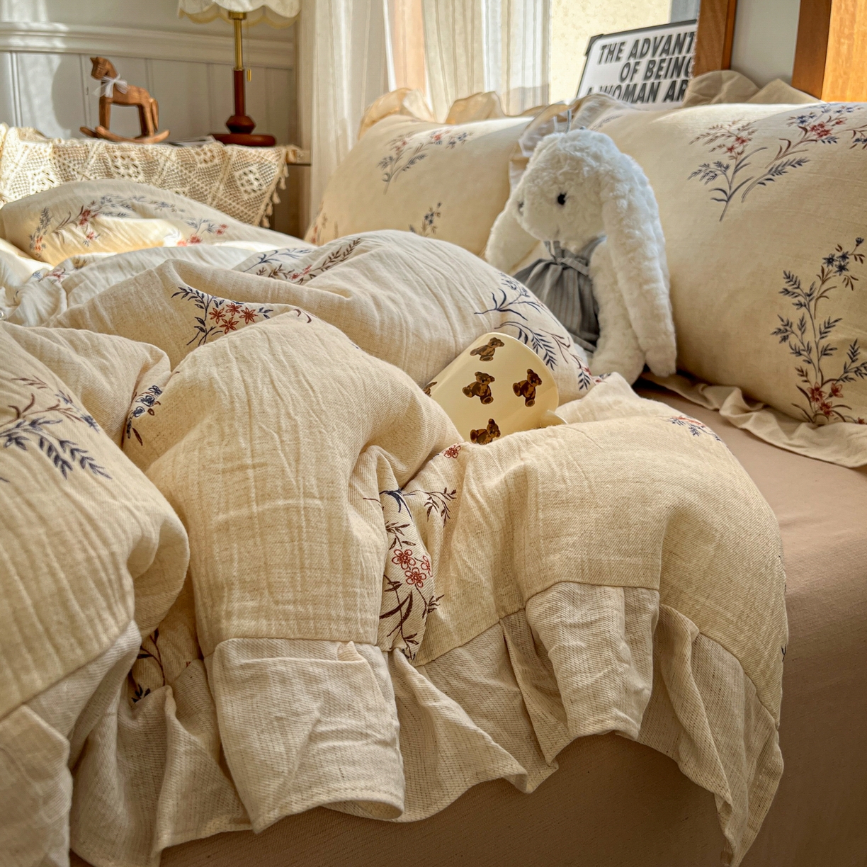 91家纺网 家纺一手货源 找家纺 （总）耀悦家纺 2026新款真棉麻四件套轻奢法式大花边工艺款圆角荷叶边吊边床单