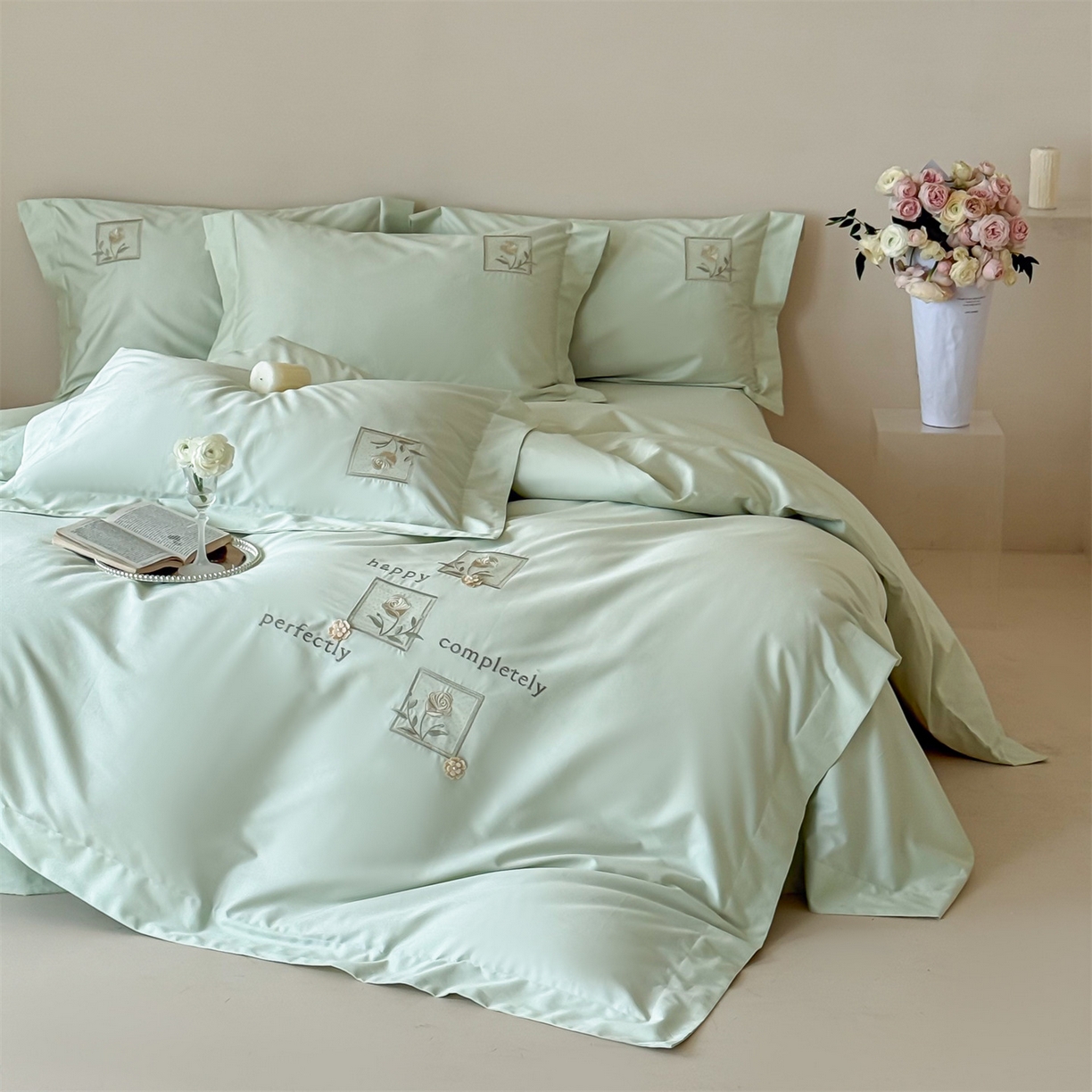 91家纺网 家纺一手货源 找家纺 泽西 2026新品刺绣50s双股全棉长绒棉宽边四件套-花栖 花栖-清新绿【控价358-378】