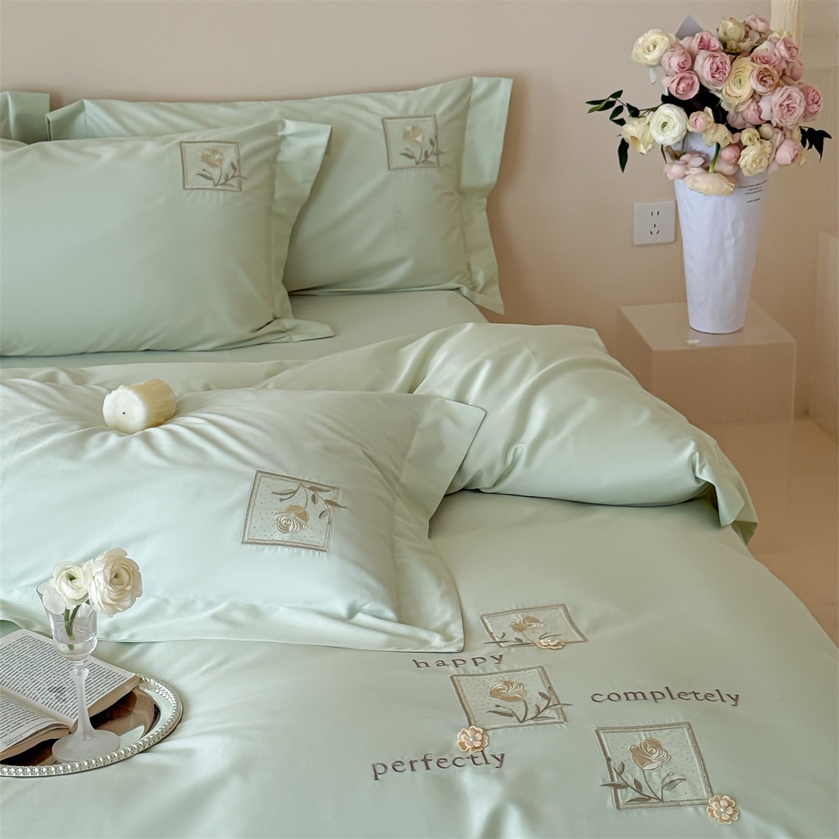 91家纺网 家纺一手货源 找家纺 泽西 2026新品刺绣50s双股全棉长绒棉宽边四件套-花栖 花栖-清新绿【控价358-378】