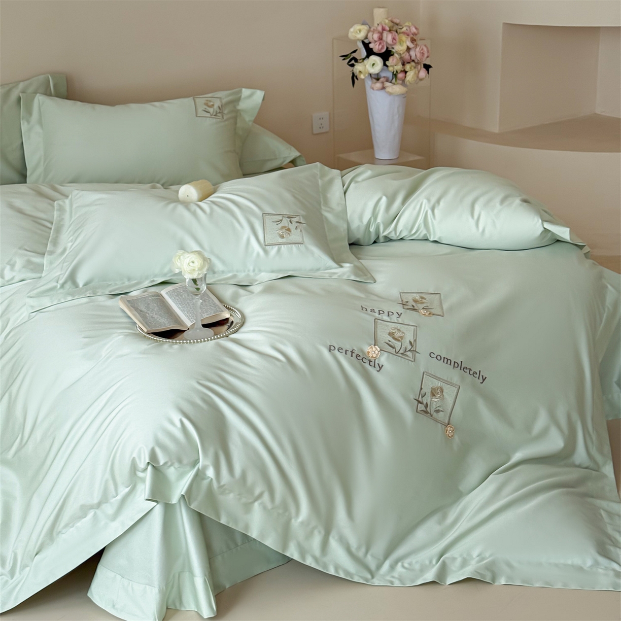 91家纺网 家纺一手货源 找家纺 泽西 2026新品刺绣50s双股全棉长绒棉宽边四件套-花栖 花栖-清新绿【控价358-378】