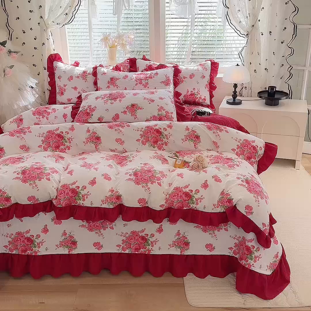 91家纺网 家纺一手货源 找家纺 （总）唐人居 2026春夏新款皱皱水洗棉花边床盖四件套