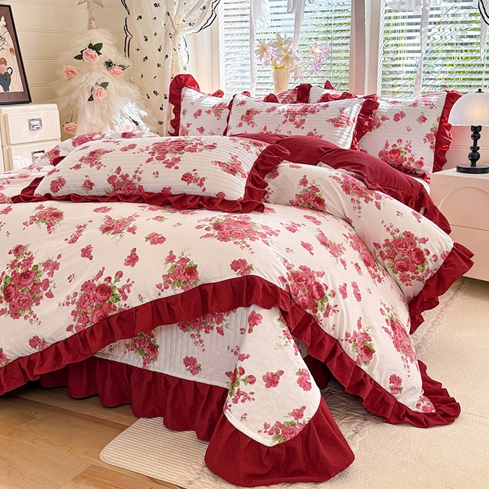 91家纺网 家纺一手货源 找家纺 唐人居 2025新款韩式花边蝴蝶结床盖四件套-优雅恋人 优雅恋人-浅灰