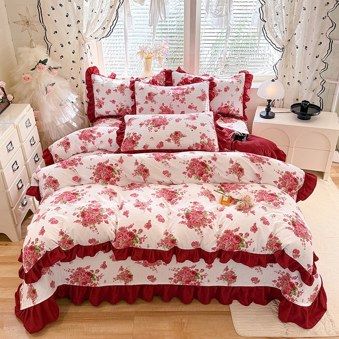 91家纺网 家纺一手货源 找家纺 （总）唐人居 2026春夏新款皱皱水洗棉花边床盖四件套