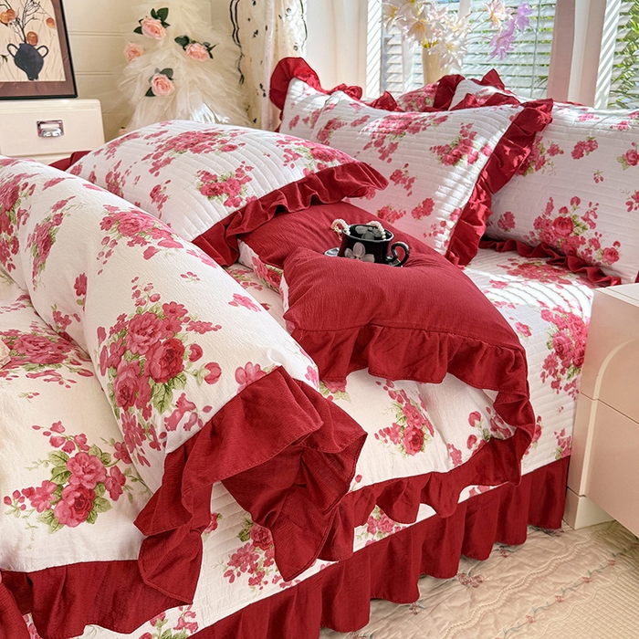 91家纺网 家纺一手货源 找家纺 （总）唐人居 2026春夏新款皱皱水洗棉花边床盖四件套