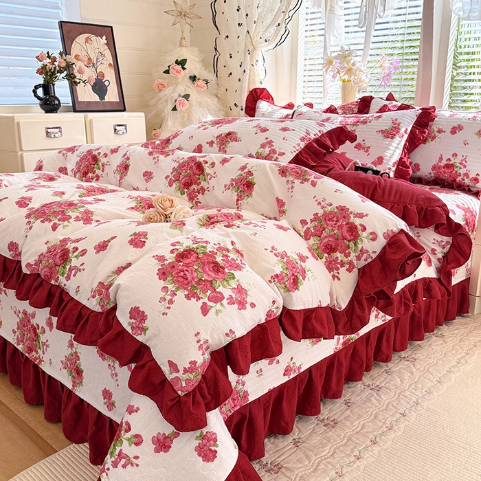 91家纺网 家纺一手货源 找家纺 （总）唐人居 2026春夏新款皱皱水洗棉花边床盖四件套