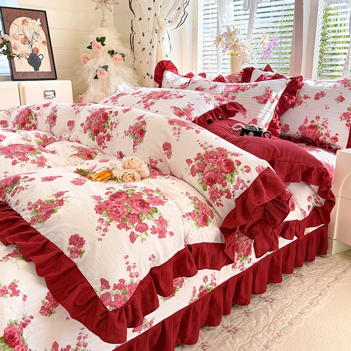 91家纺网 家纺一手货源 找家纺 （总）唐人居 2026春夏新款皱皱水洗棉花边床盖四件套