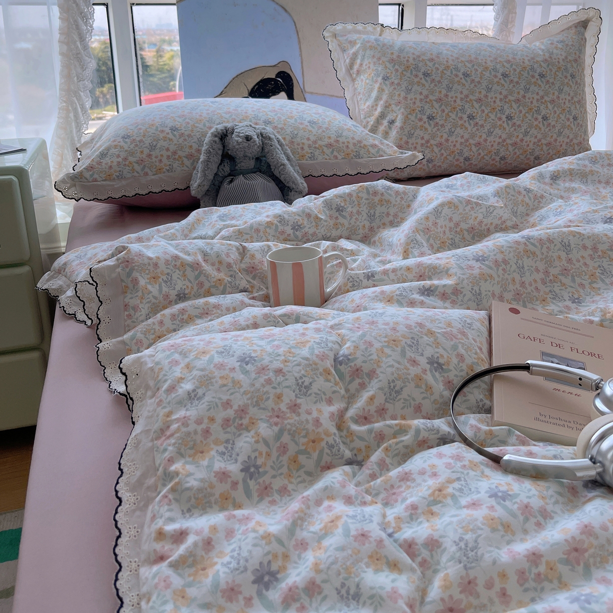 91家纺网 家纺一手货源 找家纺 宝士康家纺 2026新款10A抗菌全棉黑色花边云朵棉单夏被/夏被四件套 云朵棉-晴花漾