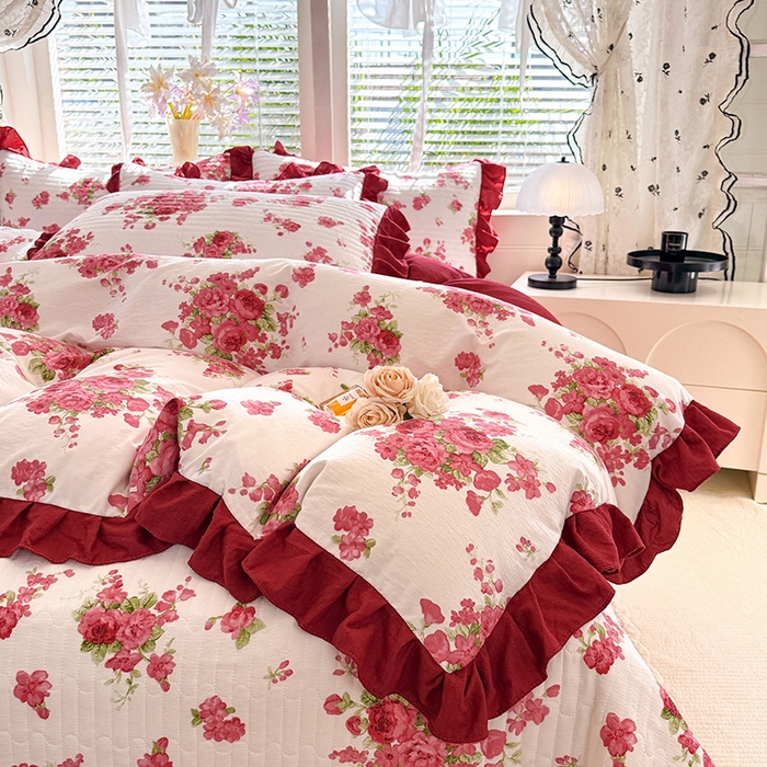 91家纺网 家纺一手货源 找家纺 （总）唐人居 2026春夏新款皱皱水洗棉花边床盖四件套