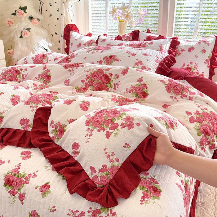 91家纺网 家纺一手货源 找家纺 （总）唐人居 2026春夏新款皱皱水洗棉花边床盖四件套