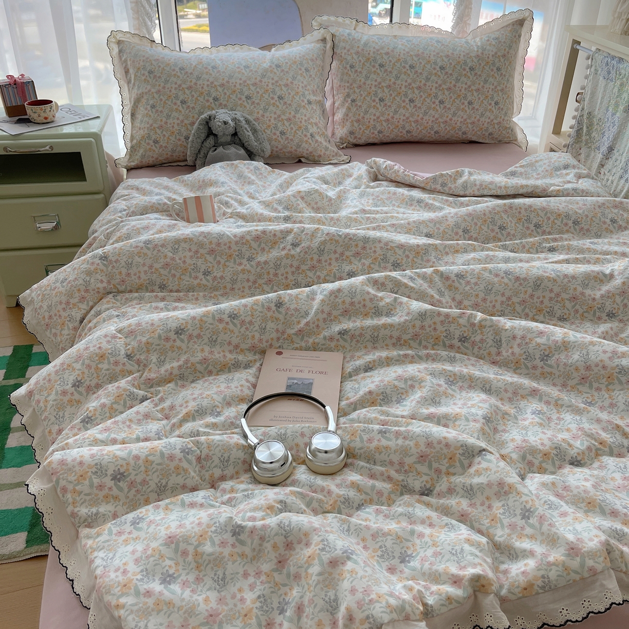 91家纺网 家纺一手货源 找家纺 宝士康家纺 2026新款10A抗菌全棉黑色花边云朵棉单夏被/夏被四件套 云朵棉-晴花漾