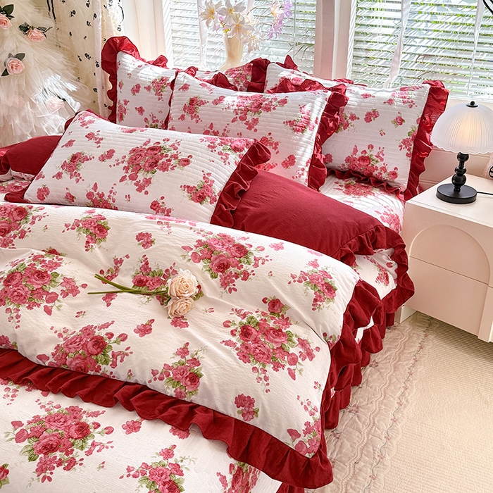 91家纺网 家纺一手货源 找家纺 （总）唐人居 2026春夏新款皱皱水洗棉花边床盖四件套