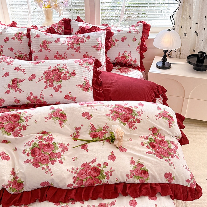 91家纺网 家纺一手货源 找家纺 （总）唐人居 2026春夏新款皱皱水洗棉花边床盖四件套