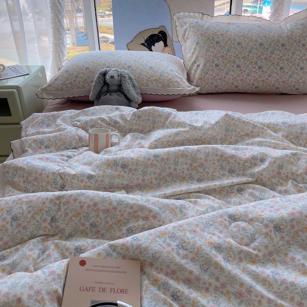 91家纺网 家纺一手货源 找家纺 宝士康家纺 2026新款10A抗菌全棉黑色花边云朵棉单夏被/夏被四件套 云朵棉-晴花漾