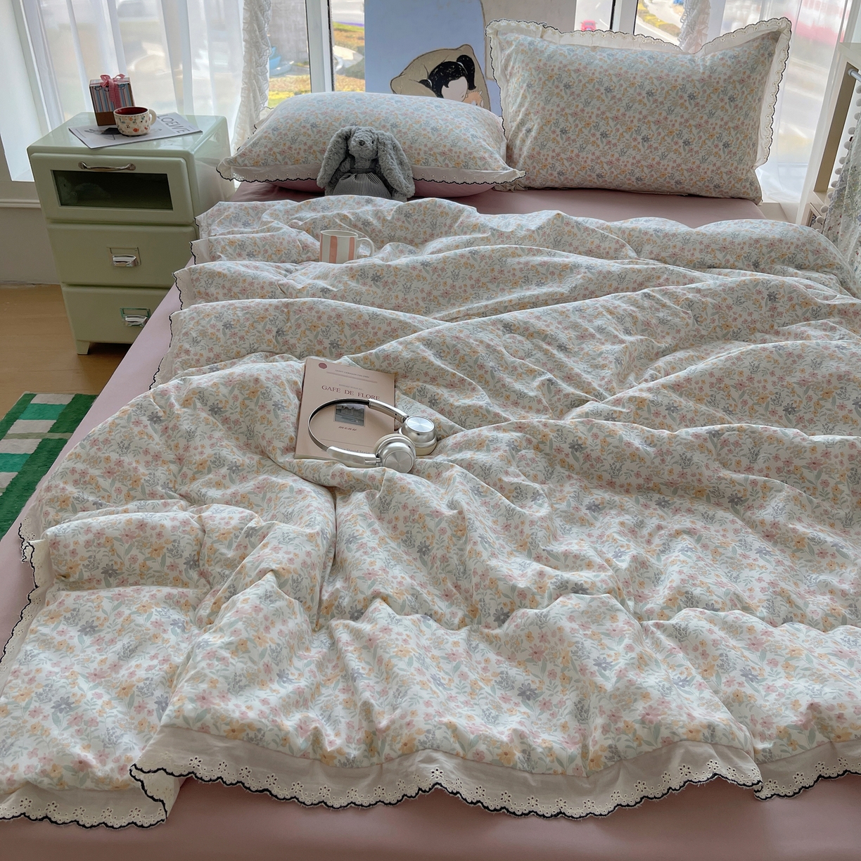 91家纺网 家纺一手货源 找家纺 宝士康家纺 2026新款10A抗菌全棉黑色花边云朵棉单夏被/夏被四件套 云朵棉-晴花漾