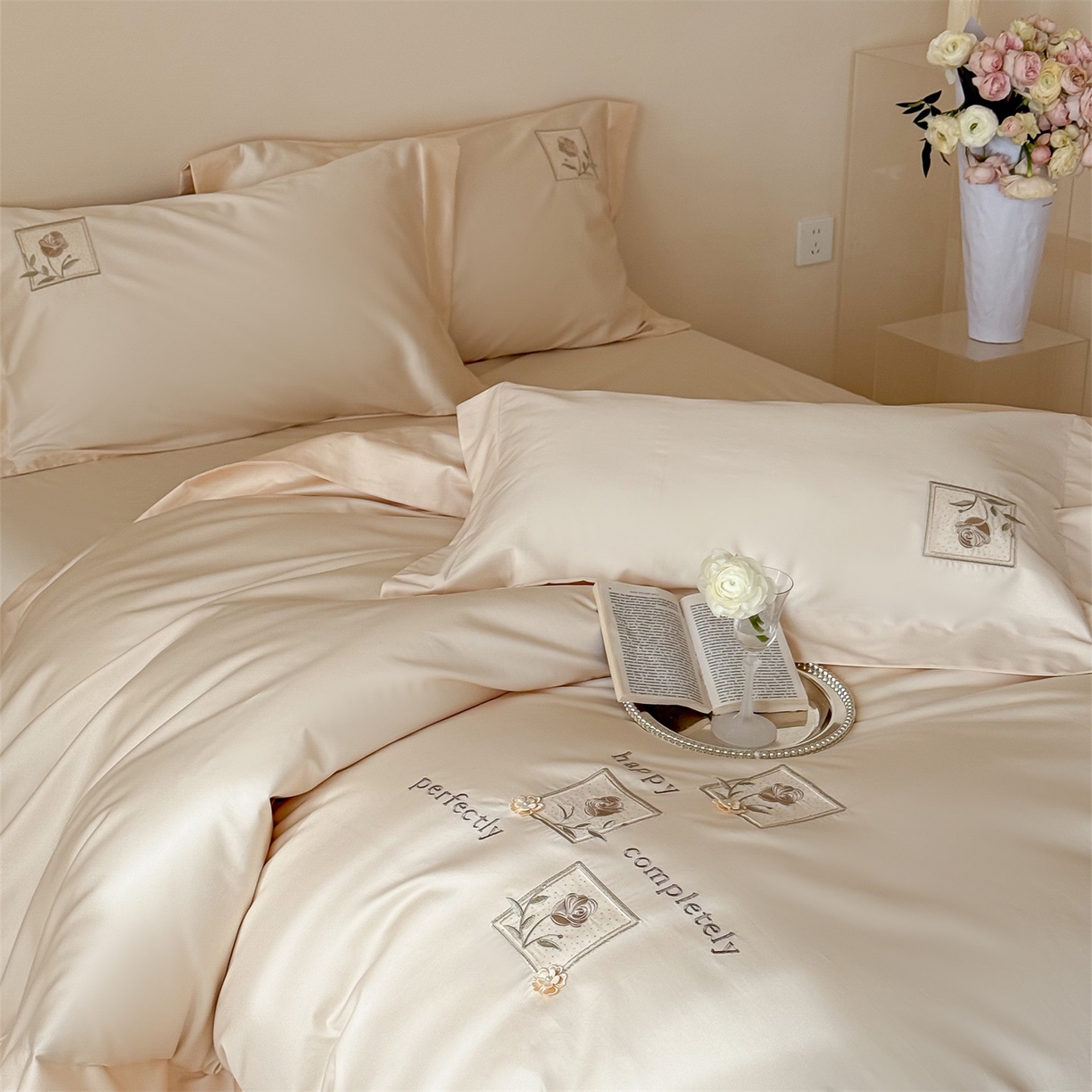 91家纺网 家纺一手货源 找家纺 泽西 2026新品刺绣50s双股全棉长绒棉宽边四件套-花栖 花栖-肉肉粉【控价358-378】