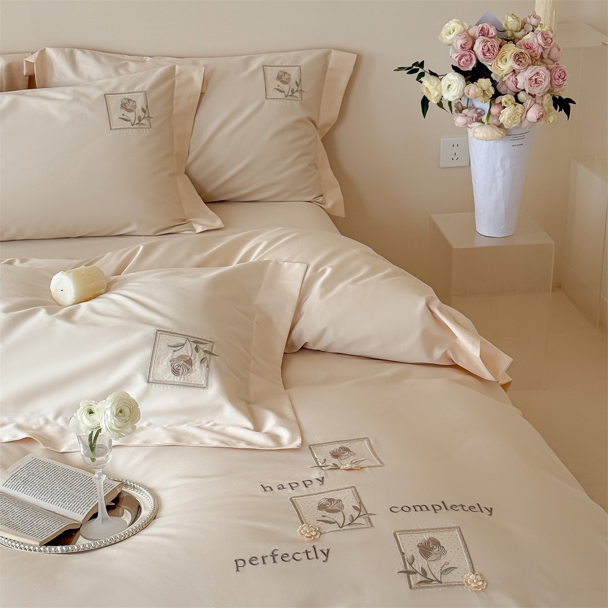 91家纺网 家纺一手货源 找家纺 泽西 2026新品刺绣50s双股全棉长绒棉宽边四件套-花栖 花栖-肉肉粉【控价358-378】