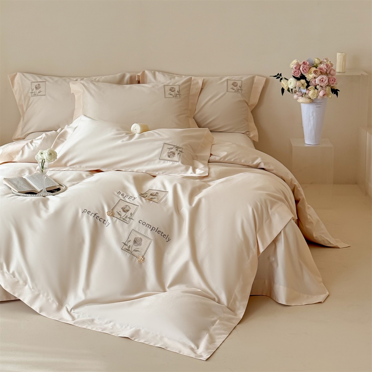 91家纺网 家纺一手货源 找家纺 泽西 2026新品刺绣50s双股全棉长绒棉宽边四件套-花栖 花栖-肉肉粉【控价358-378】