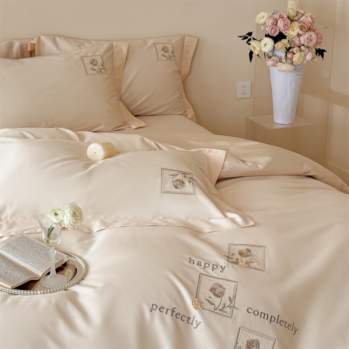 91家纺网 家纺一手货源 找家纺 泽西 2026新品刺绣50s双股全棉长绒棉宽边四件套-花栖 花栖-肉肉粉【控价358-378】