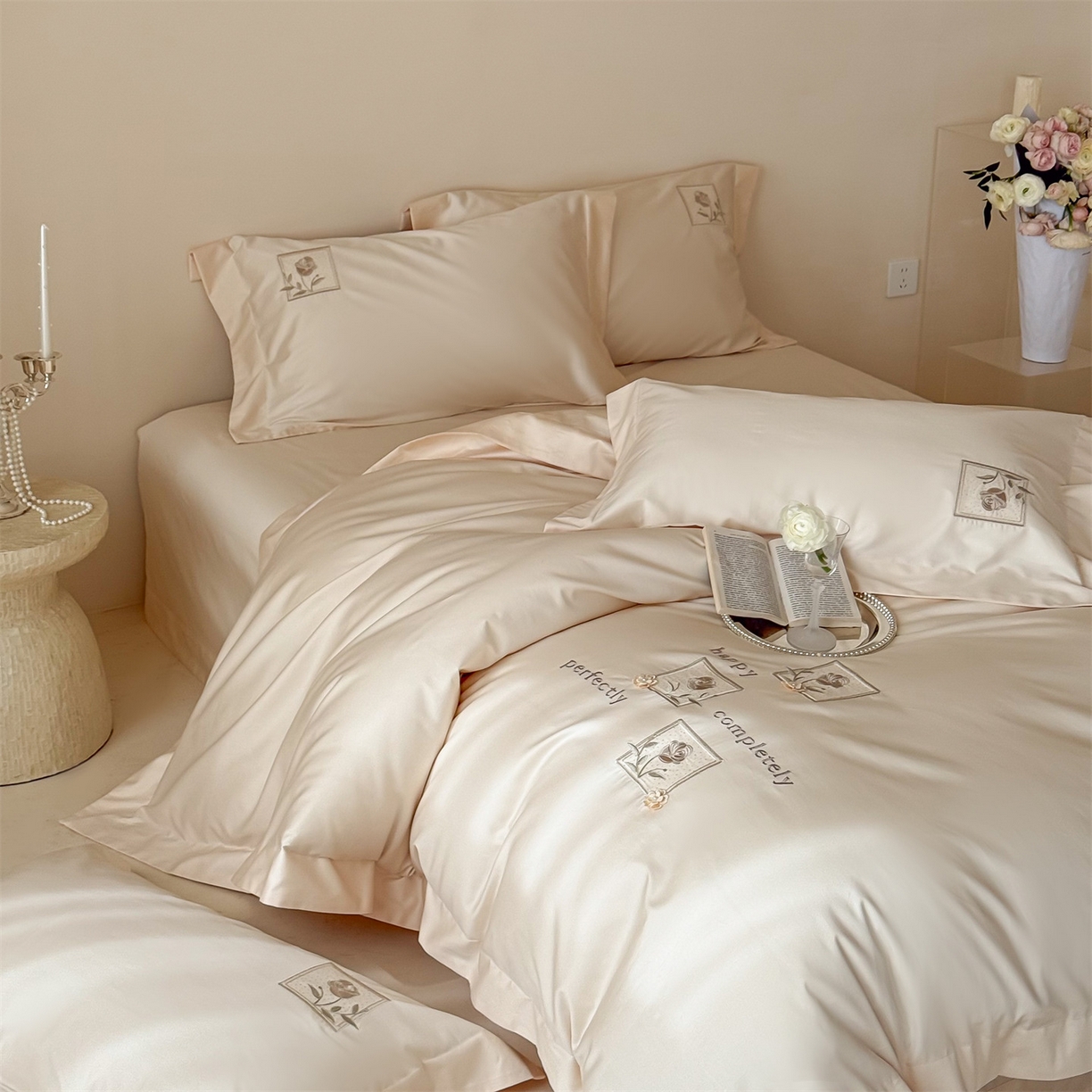 91家纺网 家纺一手货源 找家纺 泽西 2026新品刺绣50s双股全棉长绒棉宽边四件套-花栖 花栖-肉肉粉【控价358-378】