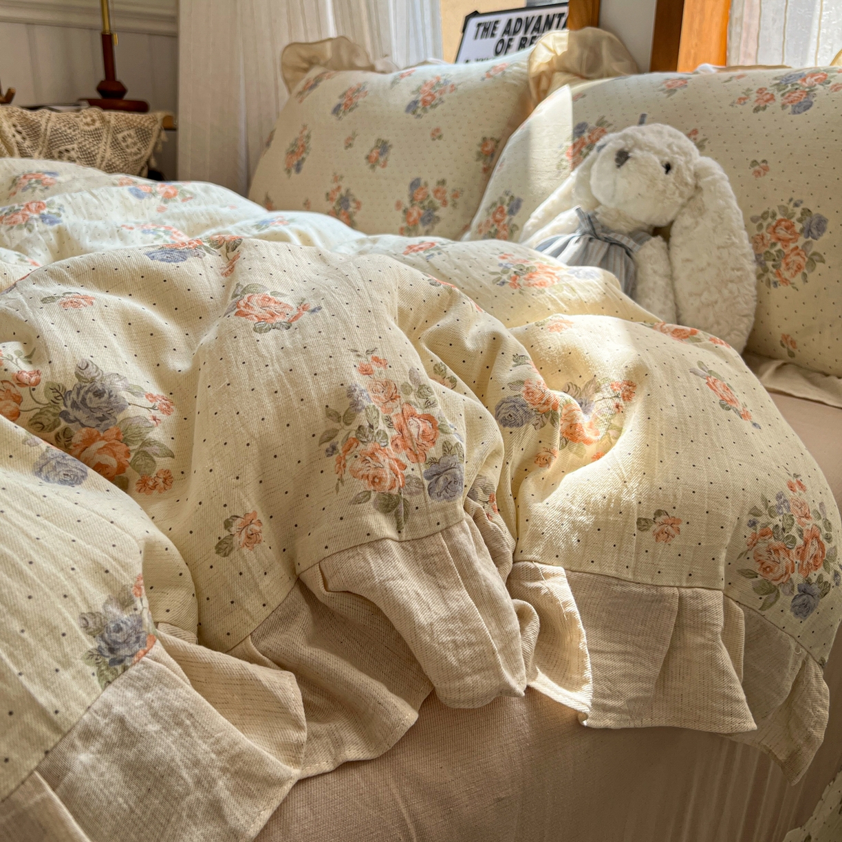 91家纺网 家纺一手货源 找家纺 （总）耀悦家纺 2026新款真棉麻四件套轻奢法式大花边工艺款圆角荷叶边吊边床单