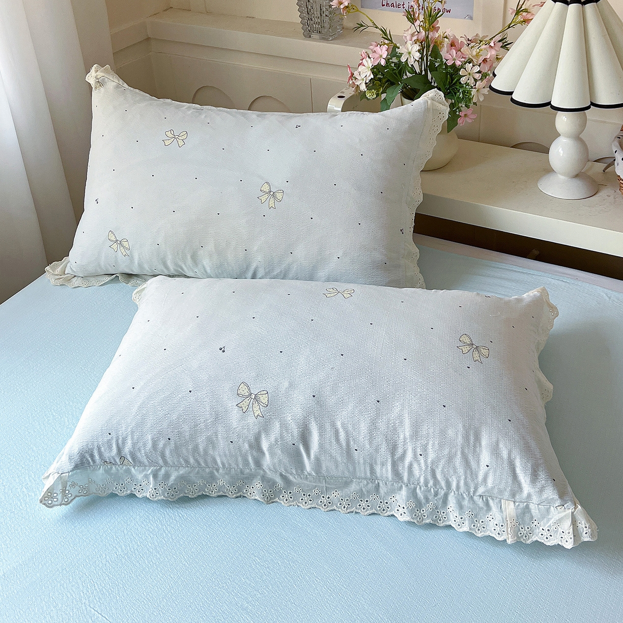 91家纺网 家纺一手货源 找家纺 一比一家纺 2026新款彩色花边木棉皱皱纱夏被四件套 初心蓝